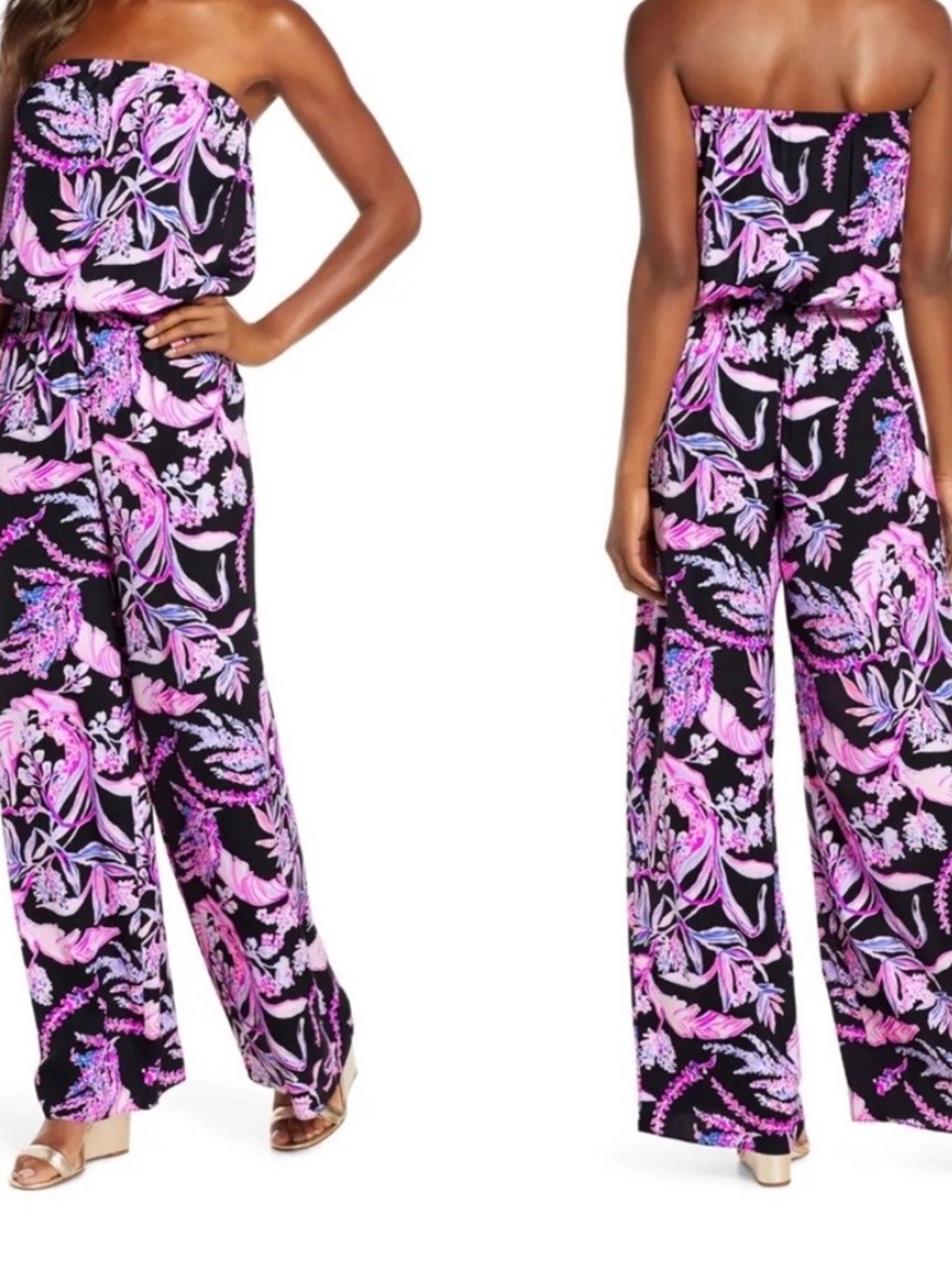 Lilly Pulitzer Pim Strapless Jumpsuit Wide Leg Black Purple XS